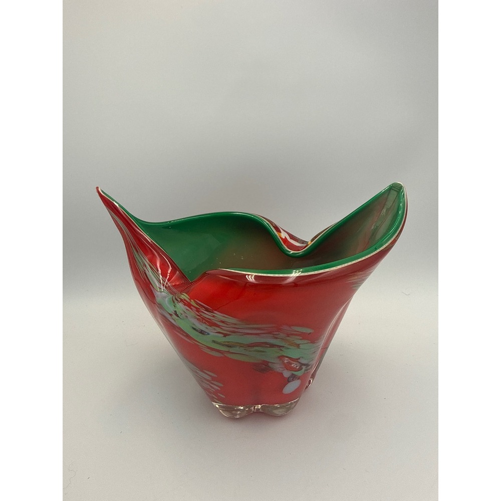 Fred Roberts Co Vintage Art Glass Handkerchief Vase Red Green Made in Japan